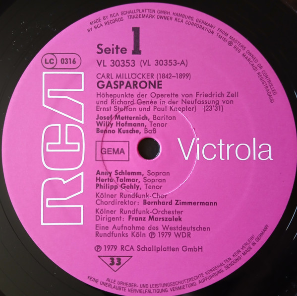 Cover zu Carl Millöcker - Herta Talmar, Josef Metternich, Anny Schlemm, Willy Hofmann, Kölner Rundfunkchor und Kölner Rundfunk-Sinfonie-Orchester, Franz Marszalek - Gasparone (Höhepunkte) | 1979