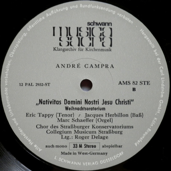 Cover zu André Campra / Ensemble Vocal Du Conservatoire de Strasbourg, Collegium Musicum de Strasbourg, Roger Delage, Edith Selig, Eric Tappy, Jacques Herbillon - Weihnachtsoratorium | 1965