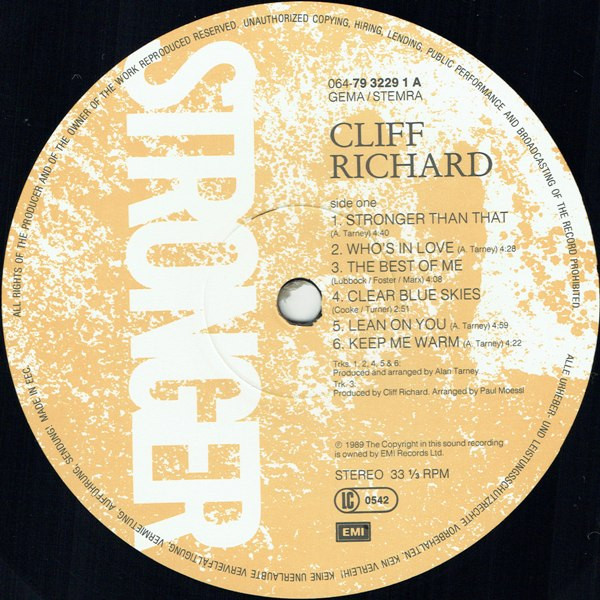 Cover zu Cliff Richard - Stronger | 1989 | Vinyl, LP, Album, Stereo, Misprint | Pop | Europe