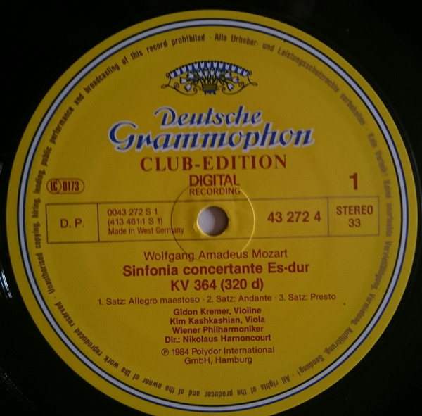 Cover zu Wolfgang Amadeus Mozart - Gidon Kremer • Kim Kashkashian • Wiener Philharmoniker • Nikolaus Harnoncourt - Sinfonia Concertante K. 364 • Violinkonzert No. 1 | 1984 | Classical