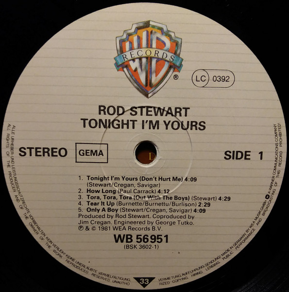 Cover zu Rod Stewart - Tonight I'm Yours | 1981 | Vinyl, LP, Album, Stereo | Rock, Pop | Europe