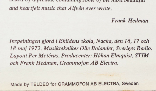Cover zu Hugo Alfvén, Stockholms Filharmoniska Orkester, Leif Segerstam - Symfoni Nr 2 D-Dur, Op. 11 | 1972 | Vinyl, LP, Album, Stereo | Classical | Sweden