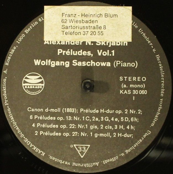 Cover zu Alexander Scriabin, Wolfgang Saschowa - Canon, Préludes Vol. 1 | Vinyl, LP, Stereo | Classical | Germany