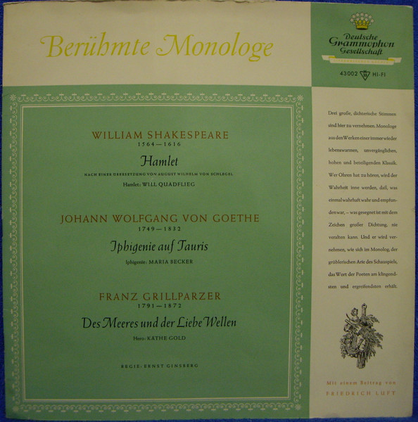 Bild William Shakespeare, Johann Wolfgang von Goethe, Franz Grillparzer, Will Quadflieg, Maria Becker, Käthe Gold – Berühmte Monologe | 1962 | Vinyl | Non-Music | Germany Schallplatten Ankauf