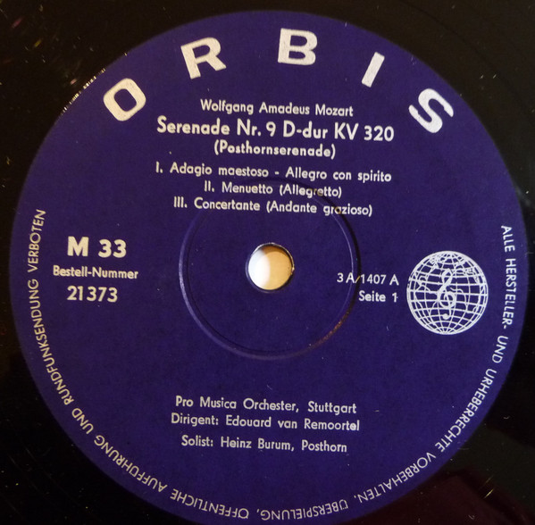 Cover zu Wolfgang Amadeus Mozart, Pro Musica Orchestra Stuttgart, Edouard Van Remoortel - Serenade Nr. 9 D-dur KV 320 - Posthornserenade | 1964 | Vinyl, LP, Mono | Classical | Germany