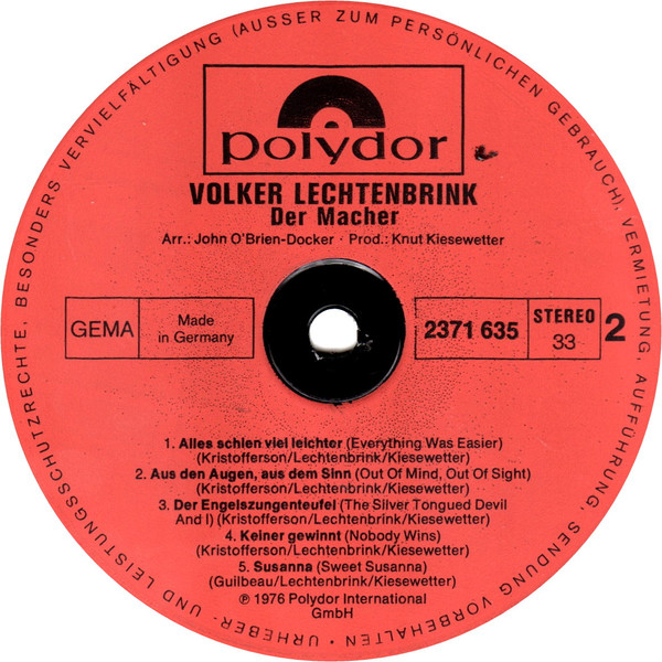 Cover zu Volker Lechtenbrink - Der Macher | 1976 | Vinyl, LP, Album, Reissue, RE | Rock, Pop | Germany