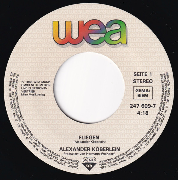 Cover zu Alex Köberlein - Fliegen | 1988 | Vinyl, Stereo, 45 RPM, 7