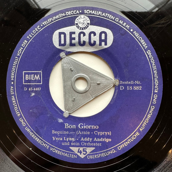 Bild Vera Lynn, Addy Andrigo Und Sein Orchester – Bon Giorno / Sweetheart, My Darling, My Dear | 1958 | Vinyl, 45 RPM, 7″, Single | Reggae, Latin, Pop, Folk, World, & Country | Germany Schallplatten Ankauf
