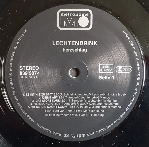 Cover zu Volker Lechtenbrink - Herzschlag | 1989 | LP, Album | Pop, Folk, World, & Country | Germany