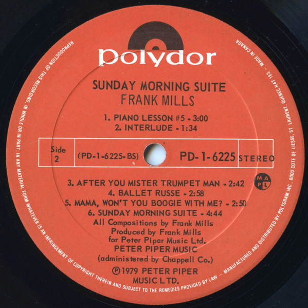 Cover zu Frank Mills - Sunday Morning Suite | 1979 | Vinyl, LP, Album | Electronic, Jazz, Pop | Canada