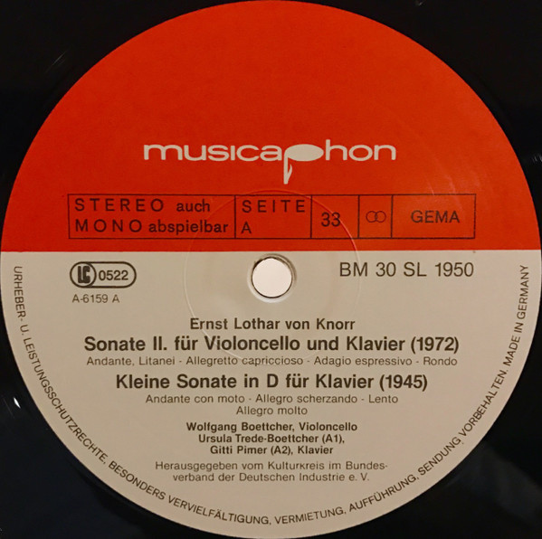 Cover zu Ernst-Lothar von Knorr, Ulf Hoelscher, Wolfgang Boettcher, Jost Michaels, Ursula Trede-Boettcher, Gitti Pirner, Friedrich Wilhelm Schnurr - Sonate Nr. 2 Für Violoncello Und Klavier (1972) /