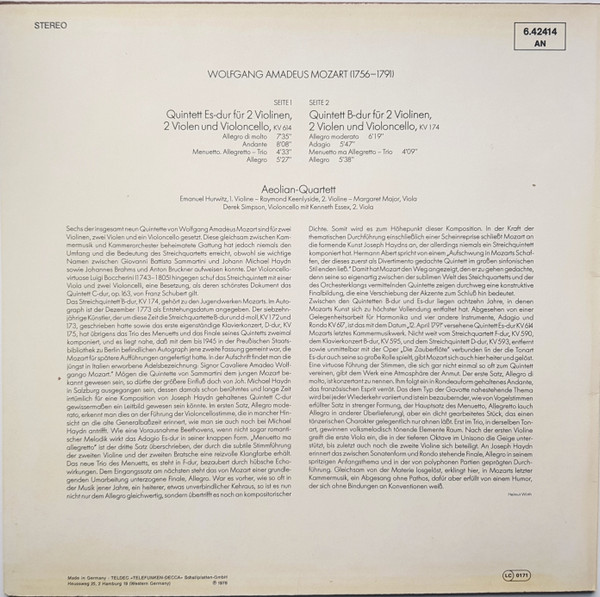 Cover zu Wolfgang Amadeus Mozart, Aeolian String Quartet mit Kenneth Essex (2) - Streichquintett Es-Dur, KV 614 / Streichquintett B-Dur, KV 174 | 1978 | Vinyl, LP, Stereo | Classical | Germany