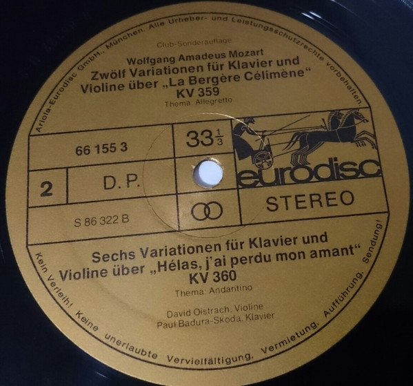 Cover zu Wolfgang Amadeus Mozart - David Oistrach, Paul Badura-Skoda - Ausgewählte Werke - Selected Works Vol. II Kv 359 - 360 - 379 | 1977 | Vinyl, LP, Stereo, Reissue, Club Edition | Classical