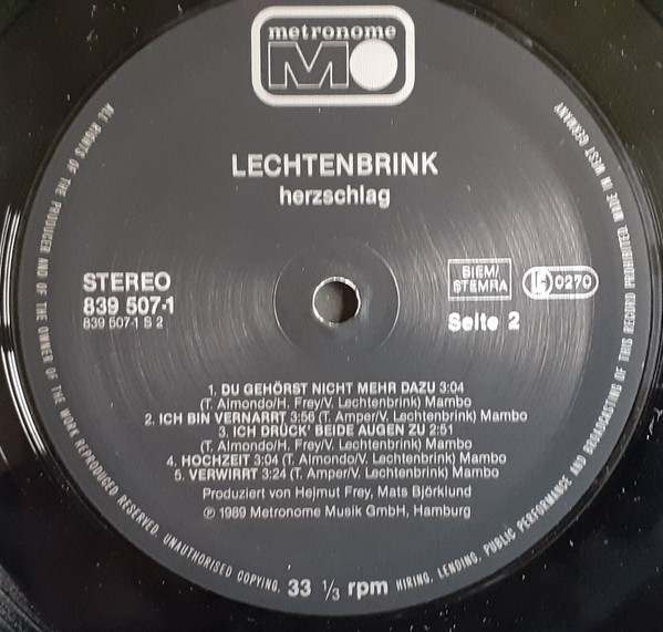 Cover zu Volker Lechtenbrink - Herzschlag | 1989 | LP, Album | Pop, Folk, World, & Country | Germany