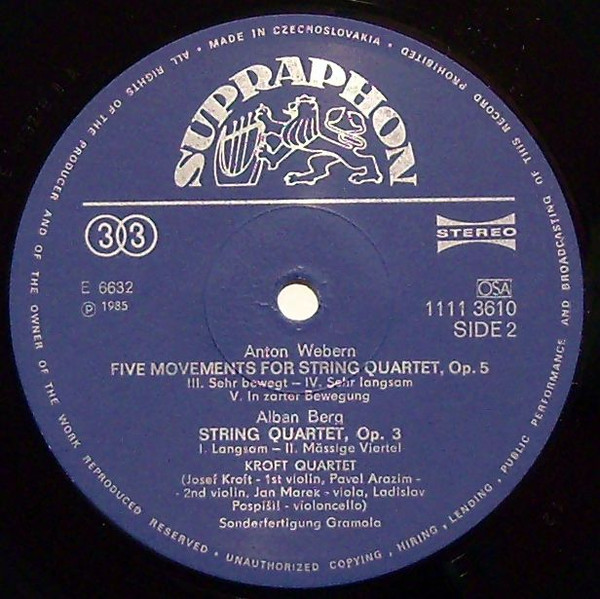 Cover zu Alban Berg / Anton Webern / Alexander von Zemlinsky, Kroftovo Kvarteto - String Quartet / Five Movements / String Quartet No. 3 | Vinyl, LP | Classical | Czechoslovakia