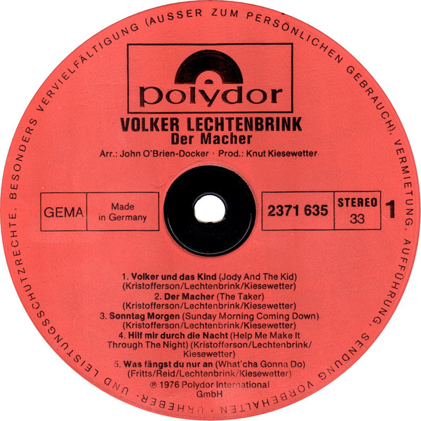 Cover zu Volker Lechtenbrink - Der Macher | 1976 | Vinyl, LP, Album, Reissue, RE | Rock, Pop | Germany