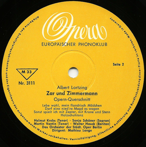 Cover zu Albert Lortzing, Orchester Der Städtischen Oper Berlin, Chor Der Städtischen Oper Berlin, Carl Mathieu Lange - Zar Und Zimmermann Opern-Querschnitt | Vinyl, LP, 10