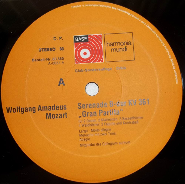 Cover zu Wolfgang Amadeus Mozart, Collegium Aureum - Serenade B-Dur KV 361 'Gran Partita' | 1975 | Vinyl, LP, Reissue, Club Edition | Classical | Germany