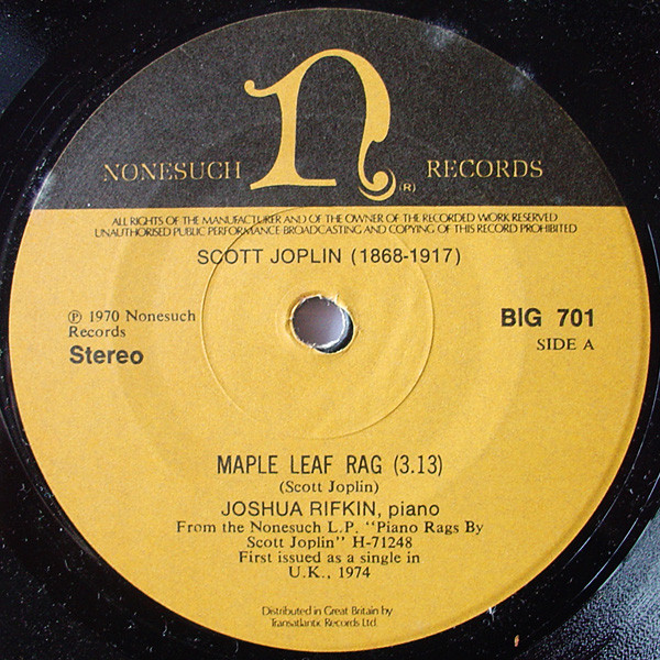 Bild Joshua Rifkin – Maple Leaf Rag | 1974 | Vinyl, 45 RPM, 7″, Single | Jazz, Blues | UK Schallplatten Ankauf