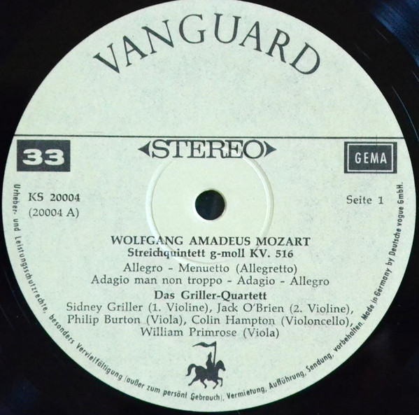 Cover zu Wolfgang Amadeus Mozart, The Griller String Quartet Und William Primrose - Streichquintett G-Moll KV 516, Streichquintett C-Dur KV 515 | Vinyl, LP, Stereo, Reissue | Classical | Germany