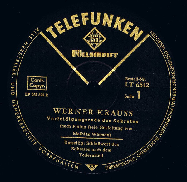 Cover zu Werner Krauß - Verteidigungsrede des Sokrates / Schlußwort Nach Dem Todesurteil | Vinyl, LP | Non-Music | Germany