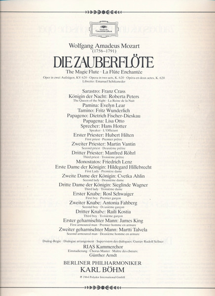 Cover zu Wolfgang Amadeus Mozart - Evelyn Lear • Lisa Otto • Roberta Peters • Franz Crass • Dietrich Fischer-Dieskau • Hans Hotter • Fritz Wunderlich • Berliner Philharmoniker • Karl Böhm - Die Zaube