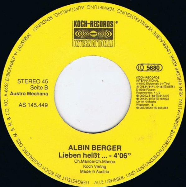 Cover zu Albin Berger - Addio Madonna Mia | 1987 | Vinyl, 45 RPM, 7