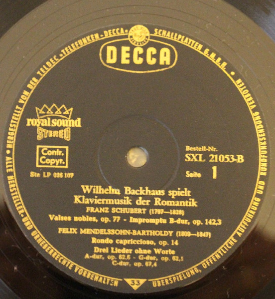 Cover zu Wilhelm Backhaus Spielt Franz Schubert, Felix Mendelssohn-Bartholdy, Johannes Brahms - Klaviermusik Der Romantik | Vinyl, LP, Stereo | Classical | Germany
