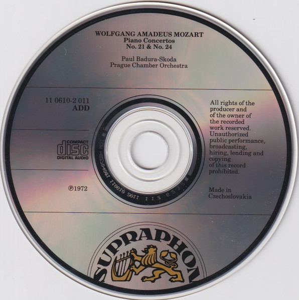 Cover zu Wolfgang Amadeus Mozart, Paul Badura-Skoda, Prague Chamber Orchestra - Piano Concertos No. 21 In C Major & No. 24 In C Minor | 1988 | CD | Classical | Czechoslovakia
