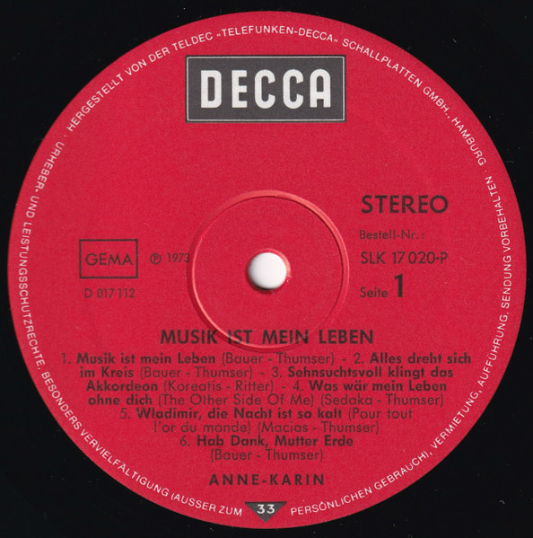 Cover zu Anne Karin - Musik Ist Mein Leben | 1973 | Vinyl, LP, Album, Stereo | Pop | Germany