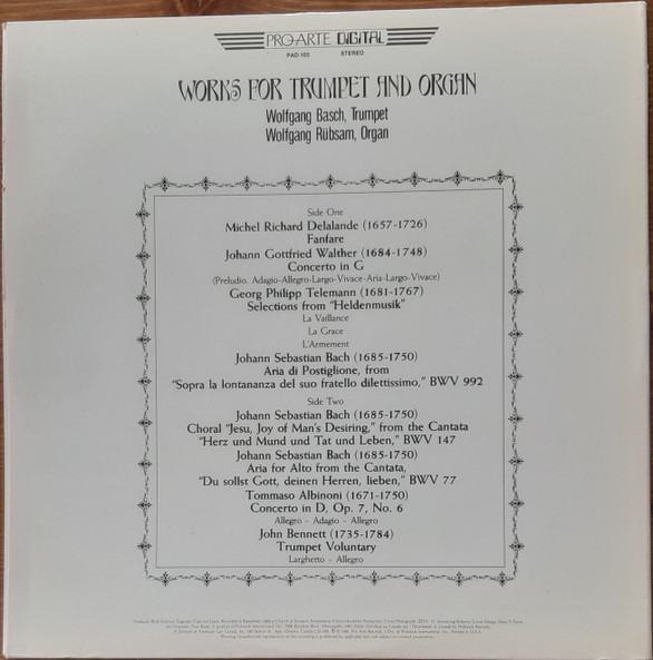 Cover zu Wolfgang Basch, Wolfgang Rübsam (2) - Works For Trumpet And Organ | 1981 | Vinyl, LP, Stereo | Classical | USA & Canada