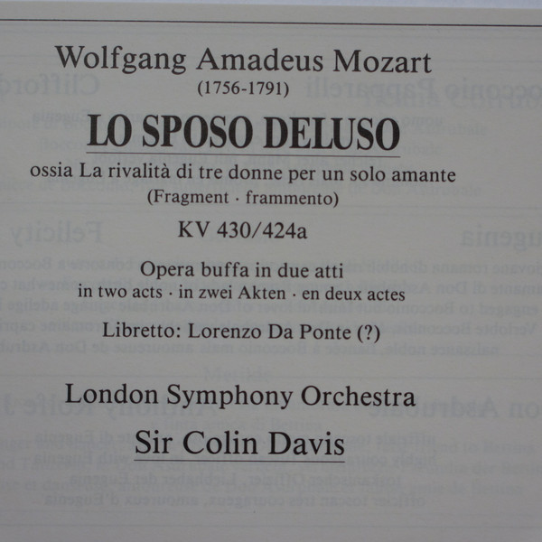 Cover zu Wolfgang Amadeus Mozart - Kammerorchester Carl Philipp Emanuel Bach / Peter Schreier - London Symphony Orchestra / Sir Colin Davis - L'Oca Del Cairo - Lo Sposo Deluso | Classical
