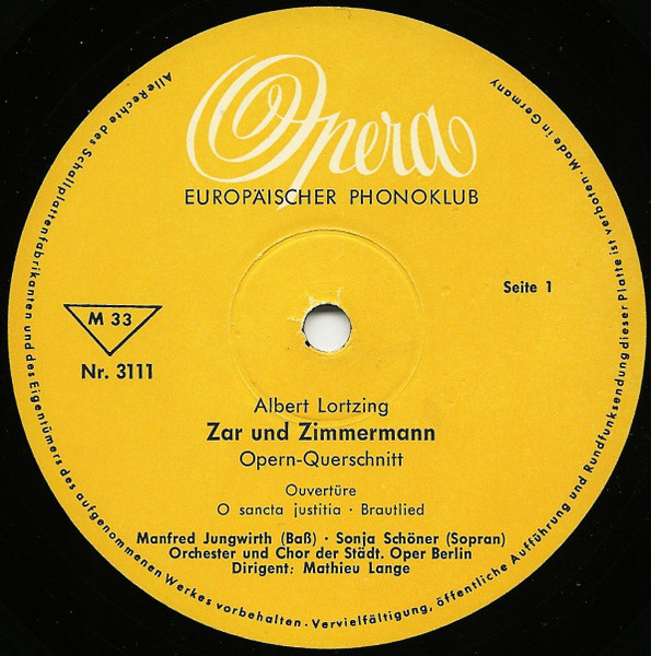 Cover zu Albert Lortzing, Orchester Der Städtischen Oper Berlin, Chor Der Städtischen Oper Berlin, Carl Mathieu Lange - Zar Und Zimmermann Opern-Querschnitt | Vinyl, LP, 10