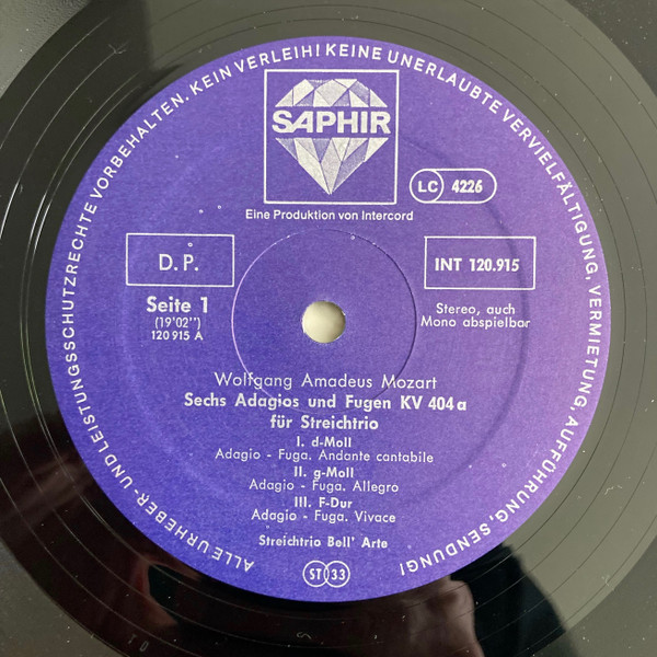 Cover zu Wolfgang Amadeus Mozart, Trio Bell'Arte - Sechs Adagios Und Fugen KV 404a | 1979 | Vinyl, LP, Stereo | Classical | Germany