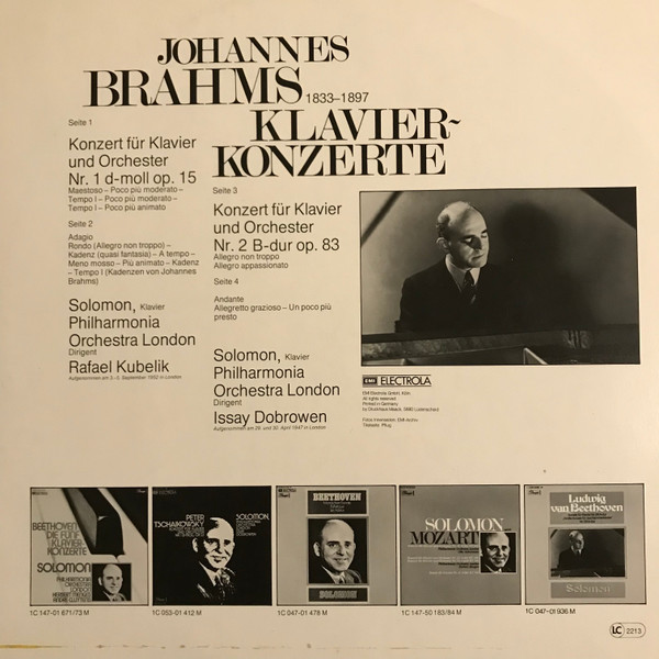Cover zu Johannes Brahms, Solomon (6), Issay Dobrowen, Rafael Kubelik, Philharmonia Orchestra - Brahms: Klavierkonzerte Nr. 1& 2 | Vinyl, LP, Stereo, Compilation | Classical | Germany