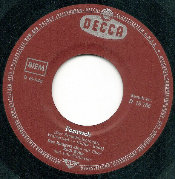 Bild Rodgers-Duo Mit Chor, Rudi Bohn Und Sein Orchester – Fernweh / Die Schwarze Rose Von Oran | 1958 | Vinyl, 45 RPM, 7″, Single | Pop | Germany Schallplatten Ankauf