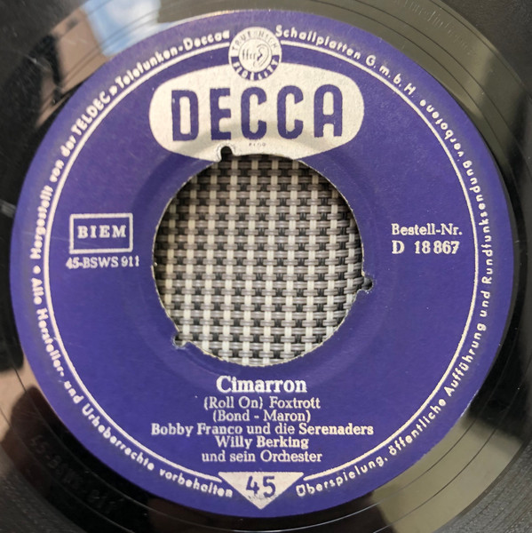 Bild Bobby Franco – Cimarron (Roll On) | 1959 | Vinyl, 45 RPM, 7″, Single | Pop | Germany Schallplatten Ankauf
